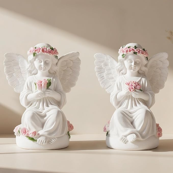 Resin Angel Statues Holding Pink Roses: Indoor & Outdoor Winged Angel Decor, Ideal for Home and Garden, Perfect Blessing Gift for Parents and Friends