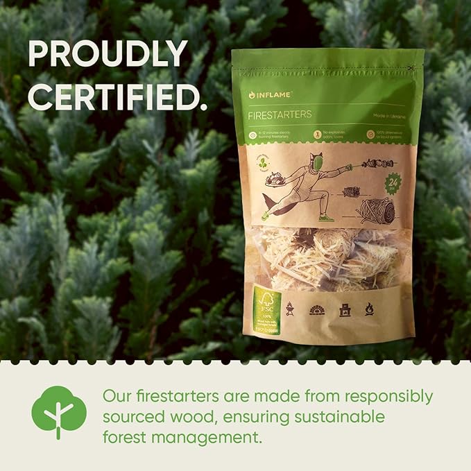 Inflame Fire Starters for Campfires, Grill, BBQ, Fireplace, Woodstove - Charcoal Starter - Waterproof, Weather-Resistant - Natural Wood Fireplace Starters - 24 pcs