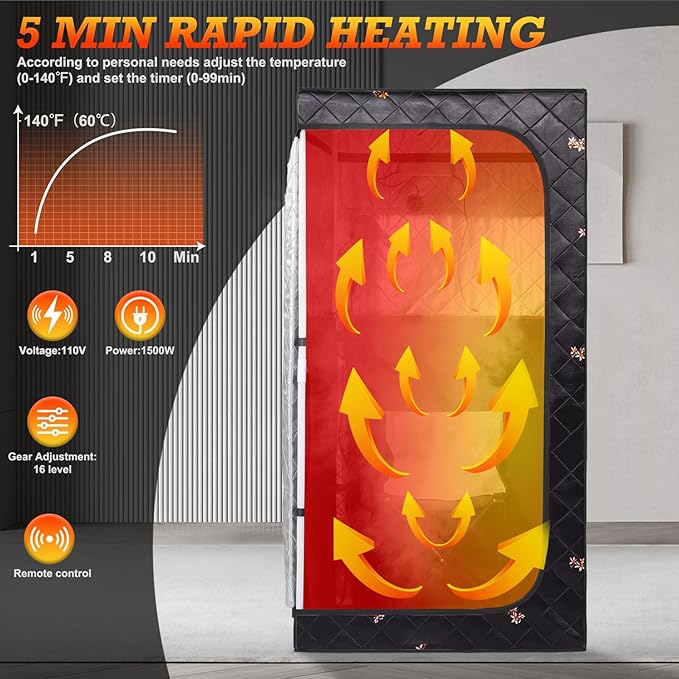 Smartmak Full Size Portable Home Sauna Kit, 1 Person Far Infrared Sauna, Full Body Sauna Tent for Relaxation, with Timer & Temperature Remote Control, Foot Heating Pad,Upgraded Folding Chair - Black