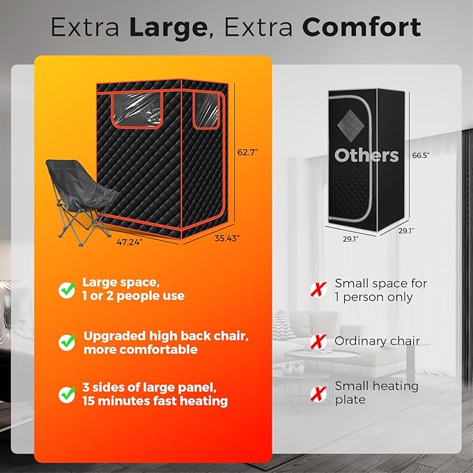 Smartmak Portable Infrared Sauna, 1-2 Person X-Large Infrared Sauna Box, Full Size Personal Home Sauna Tent, with Adjustable Folding Chair, Remote Control, LED Red Light (Black-2 Person)