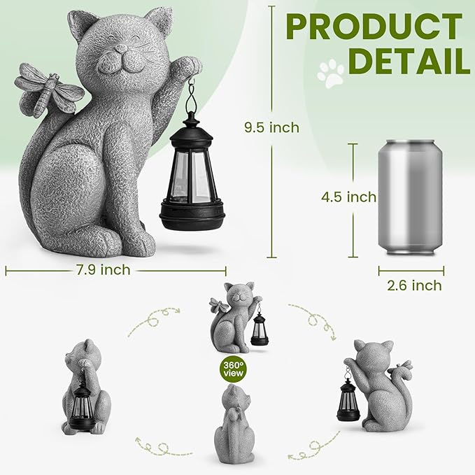Solar Garden Outdoor Statues Cat with Solar Lantern,Outdoor Cat Figurines Decorations,Lawn Decor Rabbit Statue for Patio, Balcony, Yard Ornament,Unique Housewarming and Birthdays Gifts for Mom Women