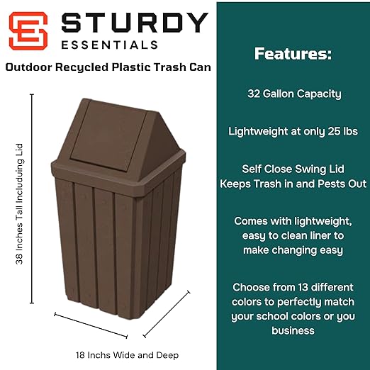 32 Gallon Square Slatted 100% Recycled Plastic Heavy Duty Outdoor Commercial Trash Can with Swing Top Lid | Great for Schools and Businesses - Brown