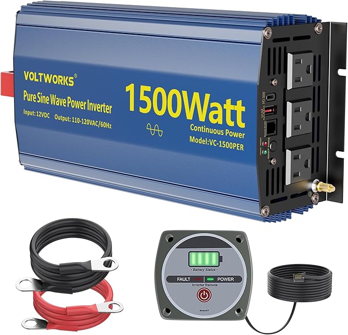 Power Inverter 1500W Pure Sine Wave Inverter 12V to 110V 120V AC with PD36W USB-C Builtin UL Fuse 15FT Remote with Battery Monitor Compatible with Lithium Battery Statlink for Car Off-Grid Solar RV