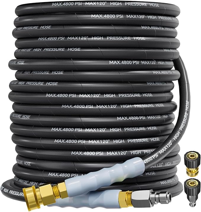 3/8" 4800PSI Pressure Washer Hose 75FT with Swivel Quick Connect for Cold/Hot Water Max 248°F, Kink Resistant Steel Wire Braided, Wear Resistant Power Washer Hose with M22 14mm Adapter