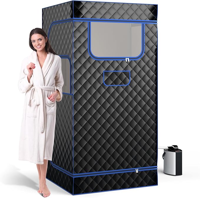 Giantex Portable Sauna Box, Full Body Steam Sauna for Home with 3L Generator, Remote Control, Folding Chair & Wooden Foot Roller, Lightweight Single Person Sauna Tent, 36" x 36" x 72" (Blue+Black)