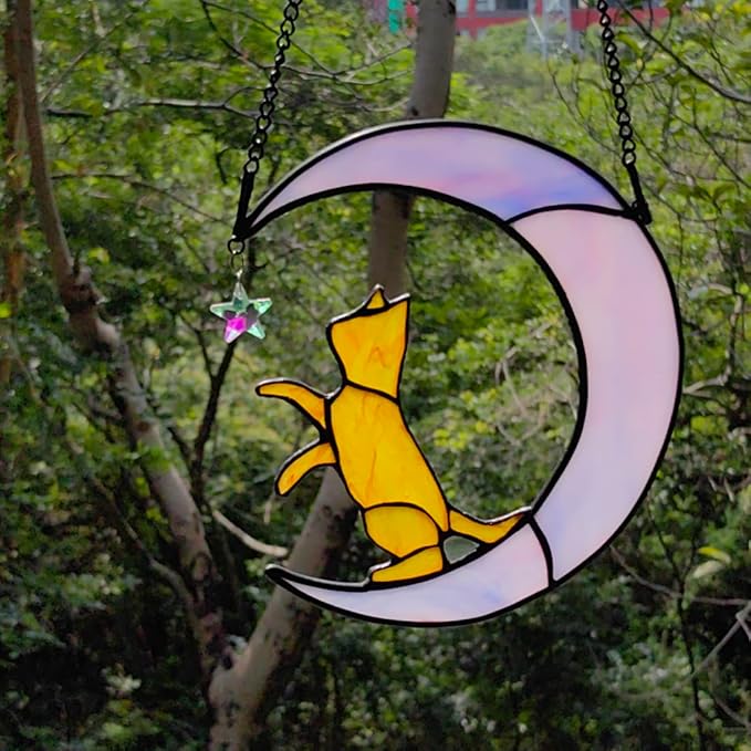 Orange Cat Gifts Suncatchers for Windows Hanging,6.7“x6.1 Funny Stained Glass Windows Hanging,Orange Cat Gifts for Women,Memorial,Birthday,Christmas