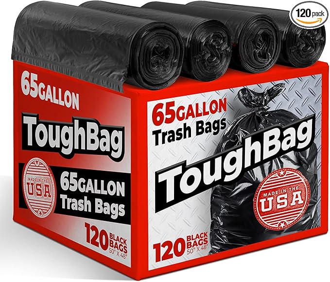 ToughBag 65 Gallon Trash Bags (120 Count) – 50x48" Large Black Garbage Can Liners – Made in USA