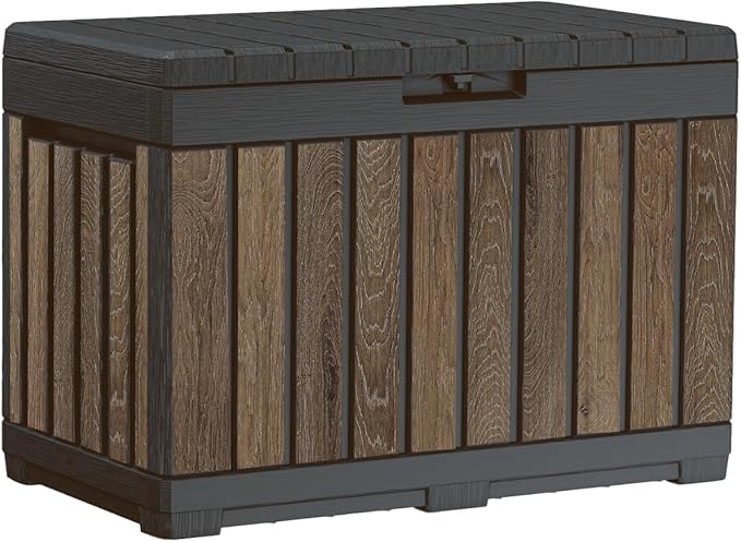 Keter Signature Everwood 50 Gallon Resin Deck Box-Organization and Storage for Patio Cushions, Throw Pillows and Garden Tools, Walnut