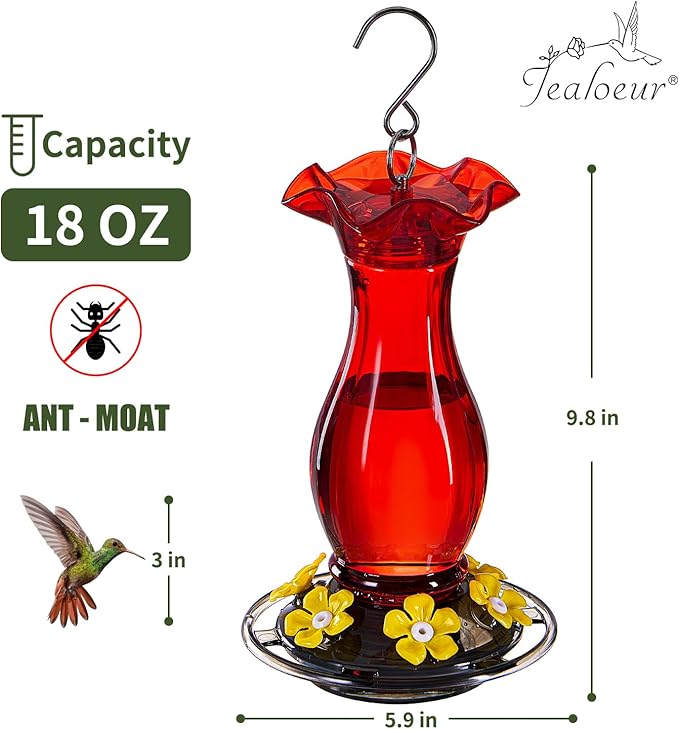 Hummingbird Feeder for Outdoors Hanging, 18 OZ Humming Birds Feeders with 6 Bee Guard Feeding Ports & Built-in Ant Moat, Easy to Clean, Durable Outdoor Garden Decor (Red 2 Pack-CC)