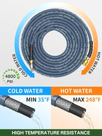 3/8" 4800PSI Pressure Washer Hose 100FT with Swivel Quick Connect for Cold/Hot Water Max 248°F, Kink Resistant Steel Wire Braided, Wear Resistant Power Washer Hose with M22 14mm Adapter