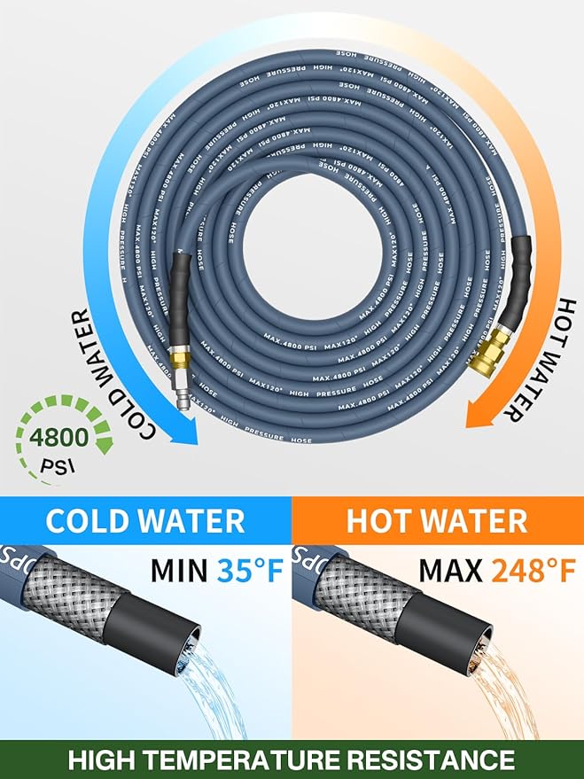 3/8" 4800PSI Pressure Washer Hose 75FT with Swivel Quick Connect for Cold/Hot Water Max 248°F, Kink Resistant Steel Wire Braided, Wear Resistant Power Washer Hose with M22 14mm Adapter