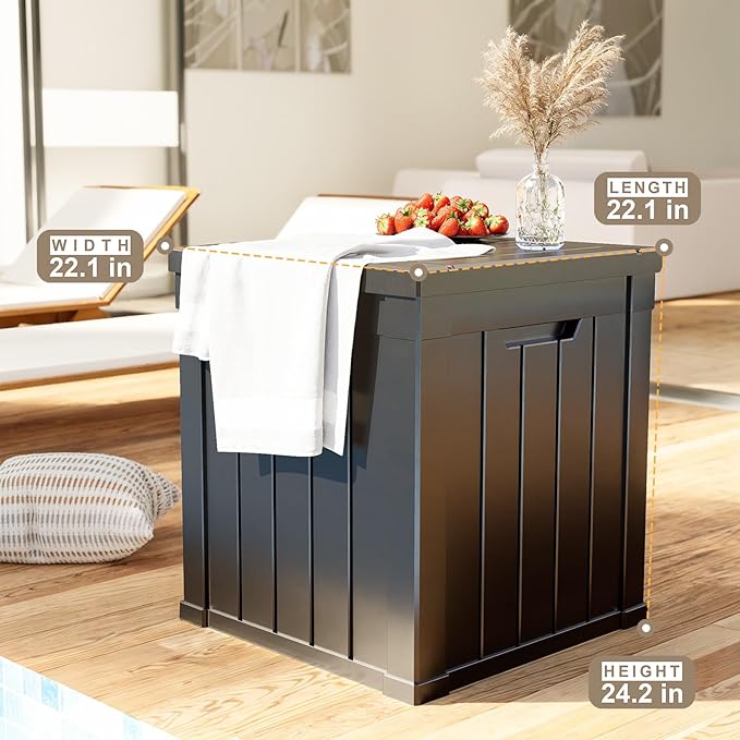 ROJIK Outdoor Storage Housing Deck Box - Waterproof Patio Furniture, Garden Tools, Cushions, Pool Accessories Storage Bench with Lockable Lid and Side Handles (Black, 50 Gal)