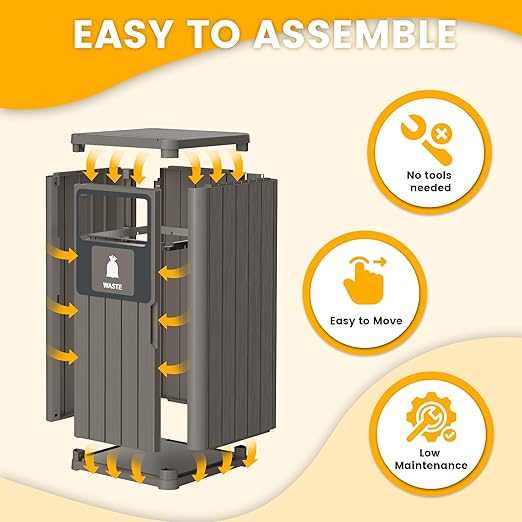 Outdoor Trash Can Waterproof Resin Garbage Can with Garbage Labels Outdoor Trash Bin for Patio, Garden,Kitchen