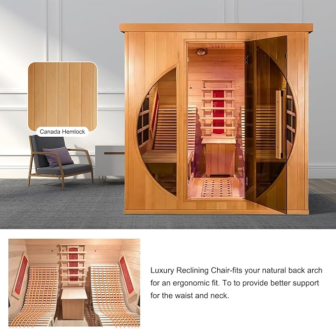 ZONEMEL Full Spectrum Infrared 2 Person Wooden Sauna Room with Recliner, Red Cedar Luxury Indoor Sauna with 10 Heaters, Oxygen Bar, Lights, 3400 Watt, Infrared Therapy Wood Dry Heat Sauna, 220V