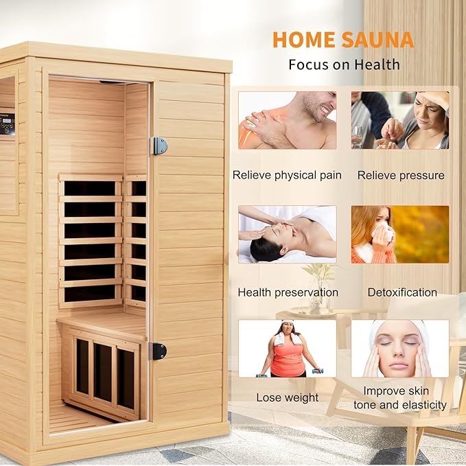 Infrared Wooden Sauna 1 Person Infrared Saunas for Home Dry Sauna for Home, Low Emf Infrared Sauna 1050W Indoor Saunas for the Home , Bluetooth Speakers, Reading Lamps, Room:63 * 28.74 * 36.61Inch