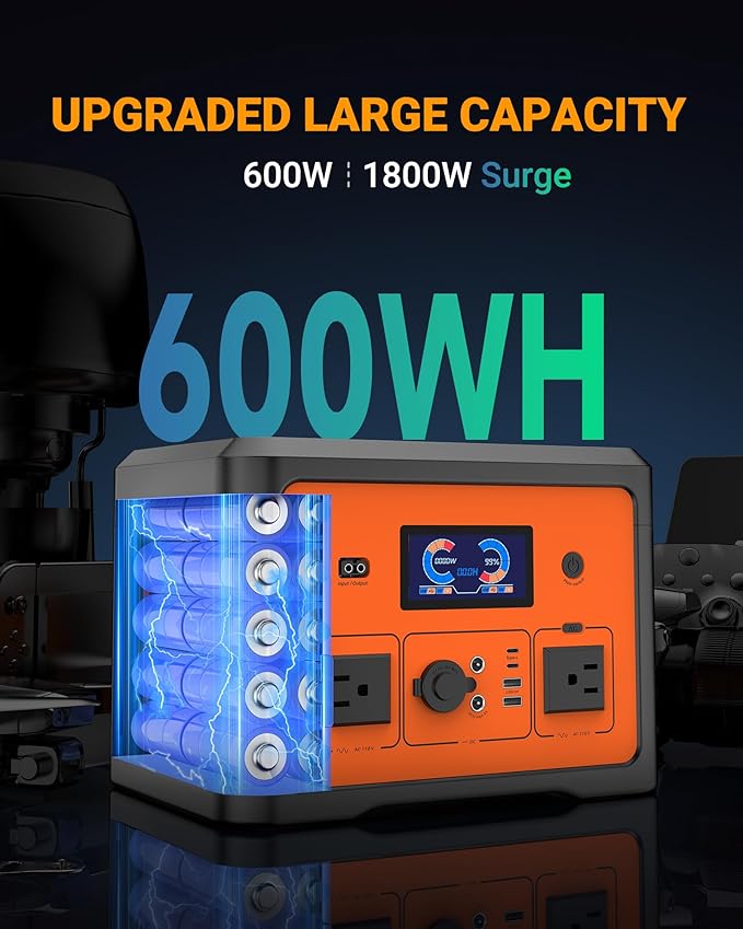 Portable Power Station 665.6Wh, Peak 1800W Solar Generator with UPS Battery Backup & Surge Protector, Portable Generator for Home Use, Camping, RV, CPAP, 10 Outlets with Bluetooth Speaker & LED Lights