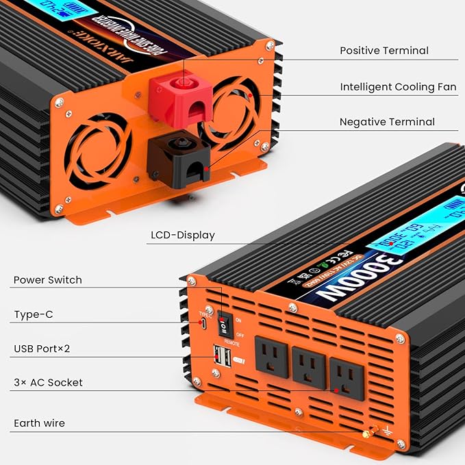 3000 Watt Pure Sine Wave Power Inverter 24V DC to 110V 120V Converter for Family RV Off Grid Solar System Car with Type-C Ports 4 AC Power Outlets Dual USB Ports LCD Display Wireless Remote Control