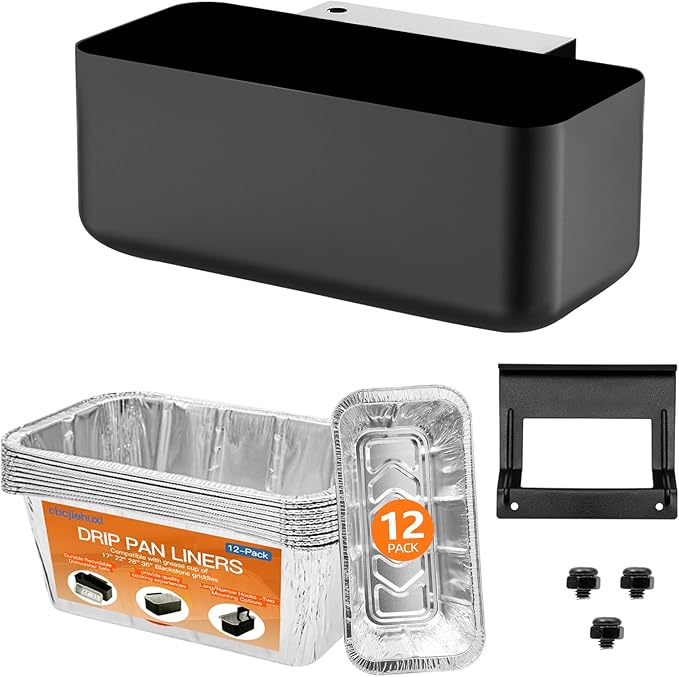 Universal Grease Catcher Compatible with Blackstone 17/22/28/36" Griddles，Grease Cup with 12 Pack Blackstone Grease Cup Liners，Drip Catcher Pan & Long/Narrow Hooks