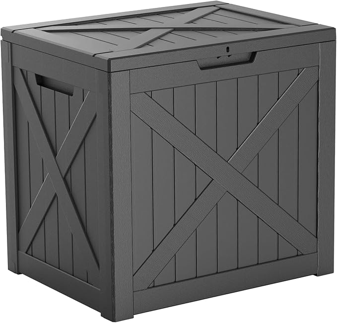 ROJIK Outdoor Storage Housing Deck Box - Waterproof Patio Furniture, Garden Tools, Cushions, Pool Accessories Storage Bench with Lockable Lid and Side Handles (Black 38 Gal)