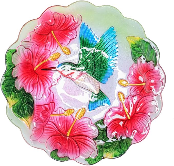 MUMTOP Outdoor Glass Birdbath with Metal Stand for Lawn Yard Garden Hummingbird Decor,18” Dia 21.65” Height