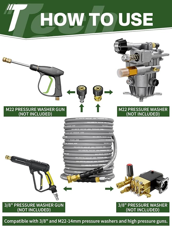 3/8" 4800PSI Pressure Washer Hose 200FT with Swivel Quick Connect for Cold/Hot Water Max 248°F, Kink Resistant Steel Wire Braided, Wear Resistant Power Washer Hose with M22 14mm Adapter