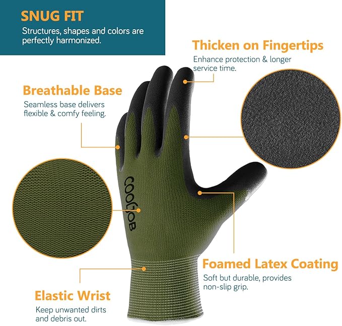 COOLJOB Gardening Gloves for Men, 2 Pairs Breathable Rubber Coated Garden Gloves for Weeding Landscaping, Outside Work Gloves for Lawn Yard, Men’s Large Size, Black & Green (2 Pack L)