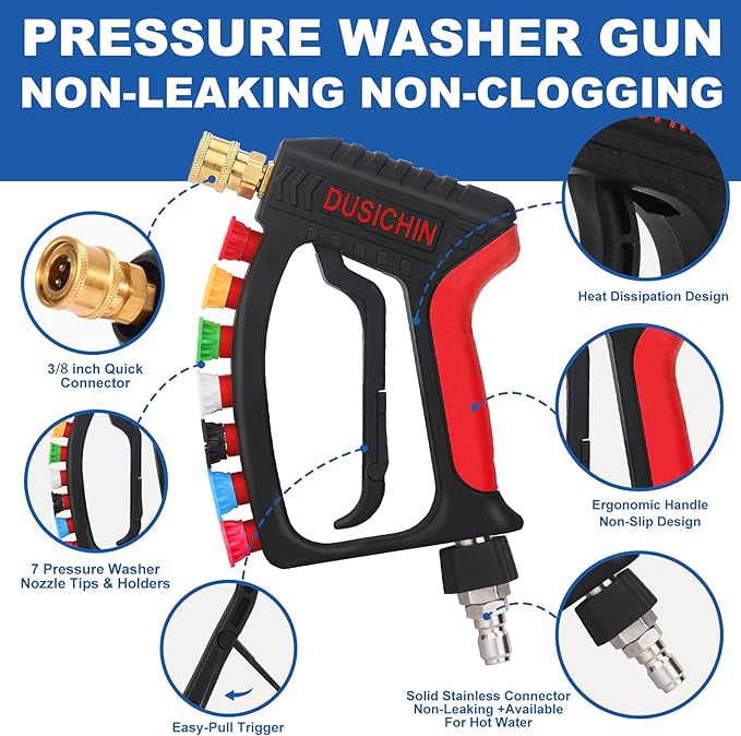 DUSICHIN Short Pressure Washer Wand High Spray Swivel Gun 7 Nozzle Tips 4000 PSI, Pressure Washer Attachment 1/4" Quick Connector Outlet,M22-14mm M22-15mm 3/8" Fitting, Not for Garden Hose DUS2911