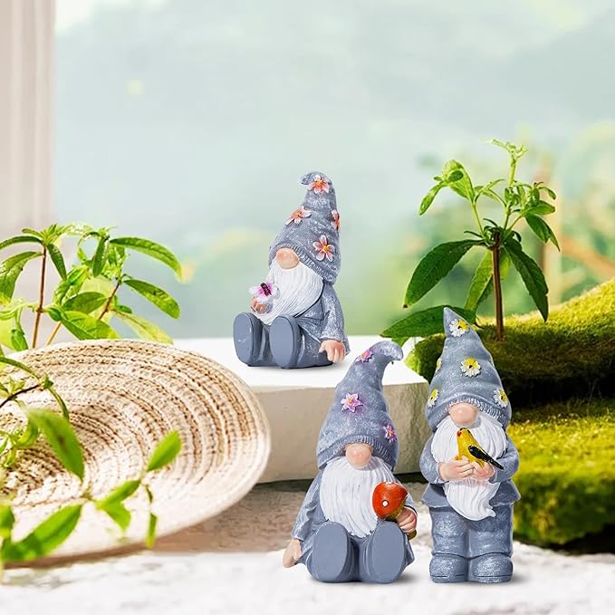 Artpaul 3 Pcs Gnomes Decorations Figurine Resin Statues,Cute Mushroom Bird Butterfly Gnomes for Home Table Shelf Gift Décor Accents (Grey)