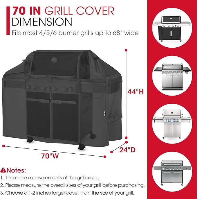 Unicook Grill Cover 70 Inch for Outdoor Grill, Large BBQ Cover with Side Handles and Air Vents, Heavy Duty Waterproof, Fade Resistant, Compatible with Weber Charbroil Nexgrill Kenmore BBQs, Black
