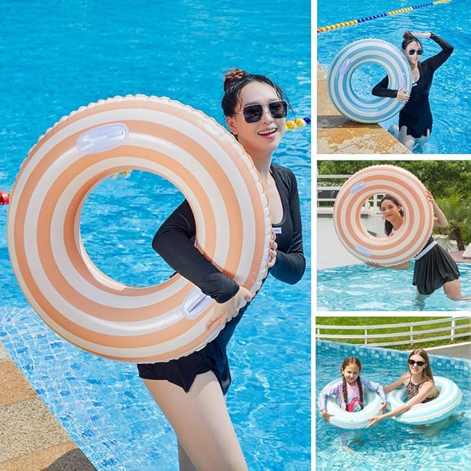 2 PCS Striped Pool Floats for Adults Swimming Rings Tube with Handles -Inflatable Pool Float Tube for Adults Pool Floats for The Beach, Party, Vacation