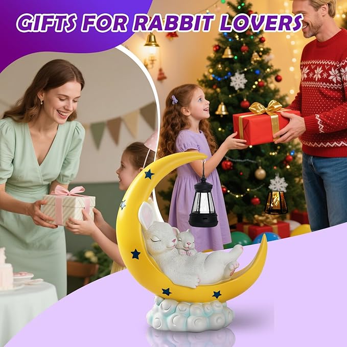 Solar Rabbit Garden Statues, Outdoor Bunny Decor, Resin Rabbit Figurine Lying on the Moon Cuddling a Baby Bunny with LED Lights for Porch Patio Lawn Yard Easter Housewarming Gardening Gifts for Mom