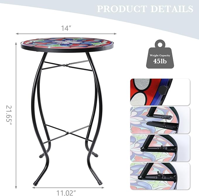 MUMTOP Side Patio Tables-Mosaic Outdoor Side Table - 14’’ Symmetrical Pattern Glass Accent Round End Table, Plant Stand Indoor Small Coffee Table for Garden or Living Room Decor