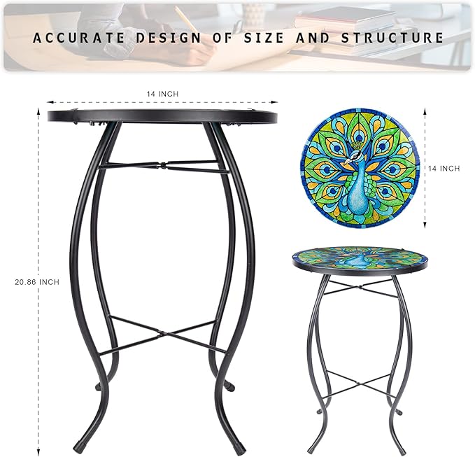 MUMTOP Outdoor Side Table - Small Mosaic Patio Tables, 14” Round Accent End Coffee Glass Plant Stand for Garden Living Room(Peacock)