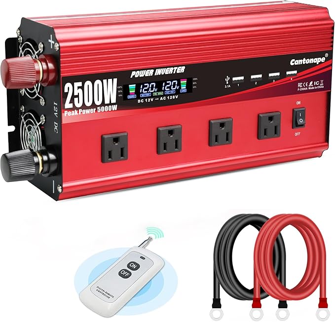 2500W Power Inverter 12V to 110V/120V DC to AC with LCD Display, Remote Controller 4 x AC Outlets and 4 x 3.1A USB Car Adapter for Car Truck Boat RV Solar System