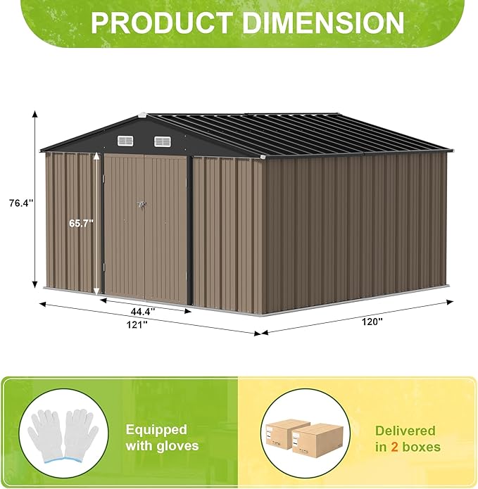 JUMMICO 10 x 10 FT Outdoor Storage Shed, Large Metal Garden Shed & Tool Sheds for Backyard Garden Patio Lawn (Brown)