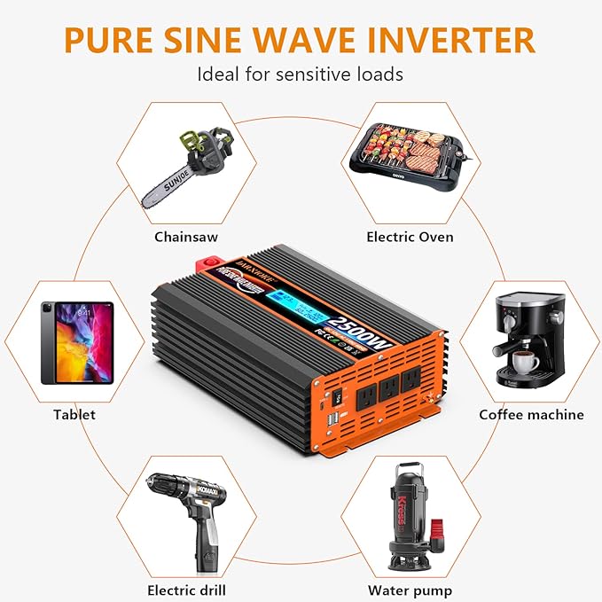 2500 Watt Pure Sine Wave Power Inverter 12V DC to 110V 120V Converter for Family RV Off Grid Solar System Car with Type-C Ports 3 AC Power Outlets Dual USB Ports LCD Display Wireless Remote Control