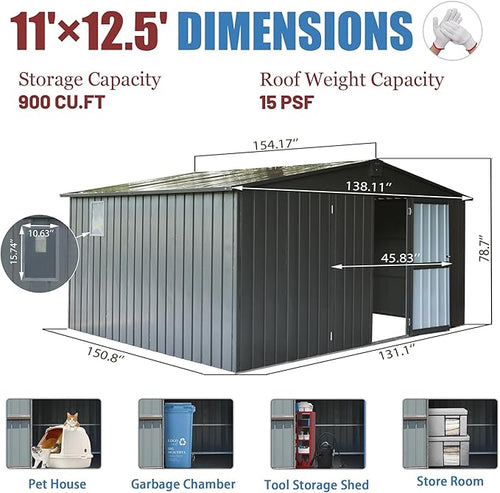 11x12.5ft Outdoor Storage Shed with Windows, Galvanized Steel Garden Shed, Lockable Double Doors and 16 Vents, Large Utility Tool Storage for Backyard Patio