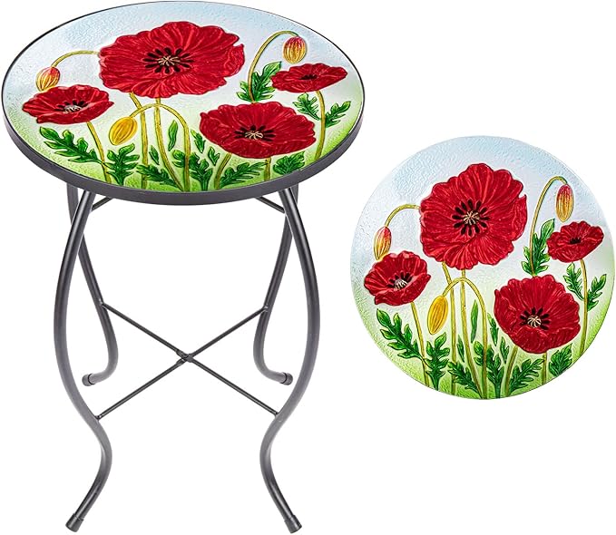 MUMTOP Outdoor Side Table - Small Mosaic Patio Tables, 14” Round Accent End Coffee Glass Plant Stand for Garden Living Room(Poppy)