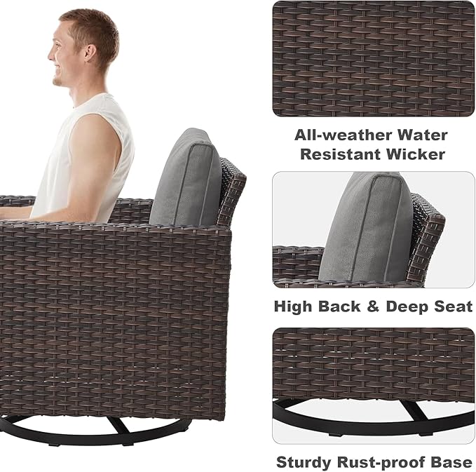 Wicker Outdoor Swivel Chairs Set of 4 with Fire Pit Table, 5 Pieces Patio Furniture Set with Fire Pit Table for Yard, Deck, Garden, Brown/Grey