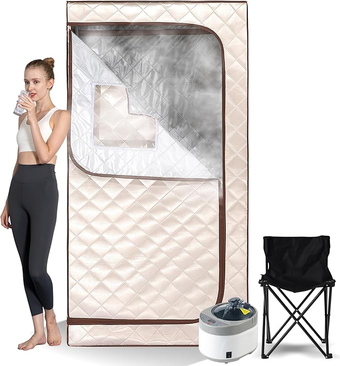 Smartmak Portable Home Steam Sauna, Full Size Personal Sauna Spa Box, Single Saunas Tent with Steamer, 4L 1500W Steam Generator 99 Min Timer, Remote Control, Upgraded Foldable Chair, Mat, Beige Brown