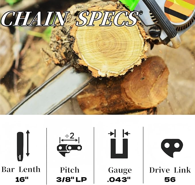 2PC 16 Inch Chainsaw Chains 3/8"LP Pitch .043" Gauge 56 Drive Links for EGO Power+ CS1604 / CS1613 / CS1600 / CS1610 / CS1611 16-Inch 56V Chainsaw, Replacement for Dewalt DCCS690-49162715, DWO1DT616