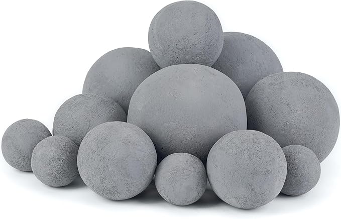 Skyflame 12PCS Fireplace Ceramic Balls, Mixed of 4 Sizes Fire Pit Balls Set for Indoor and Outdoor Fire Tables or Fireplaces Accessory,Gray