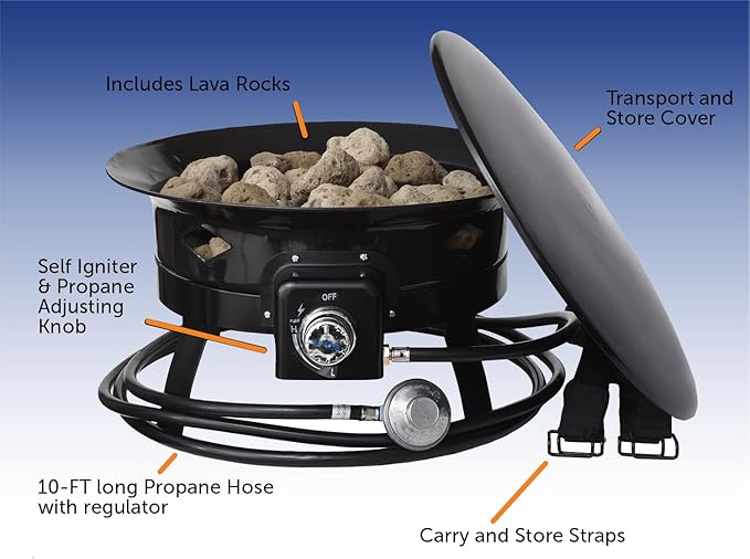 Flame King Smokeless Propane Fire Pit, 19-inch Portable Firebowl, 58K BTU with Self Igniter, Cover, & Carry Straps for RV, Camping, & Outdoor Living