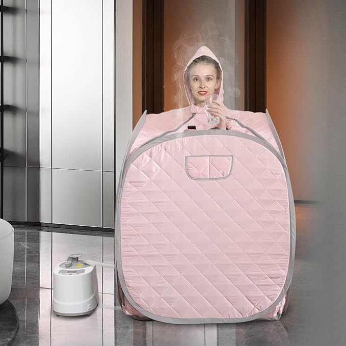 Smartmak Portable Sauna Kit, one Person Full Body at Home Spa Hat Tent, Include 2L Steamer with Remote Control for Detox US Plug- Pink