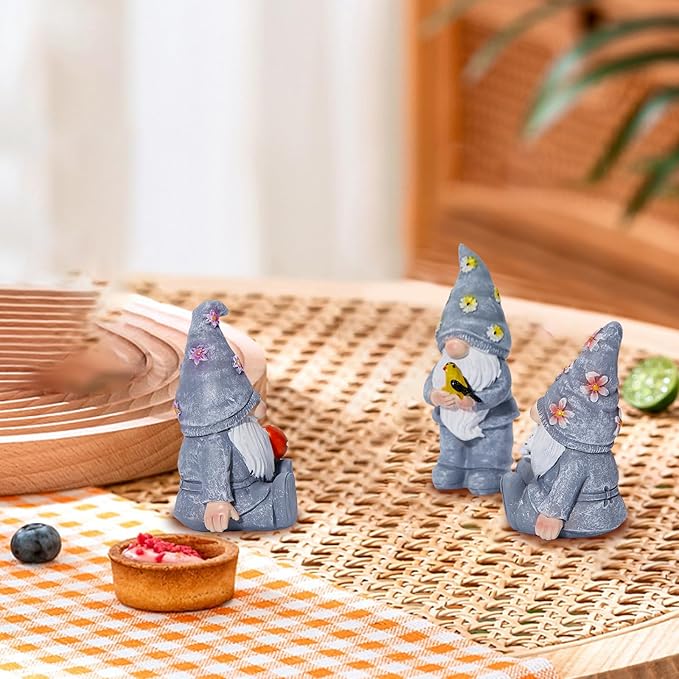 Artpaul 3 Pcs Gnomes Decorations Figurine Resin Statues,Cute Mushroom Bird Butterfly Gnomes for Home Table Shelf Gift Décor Accents (Grey)