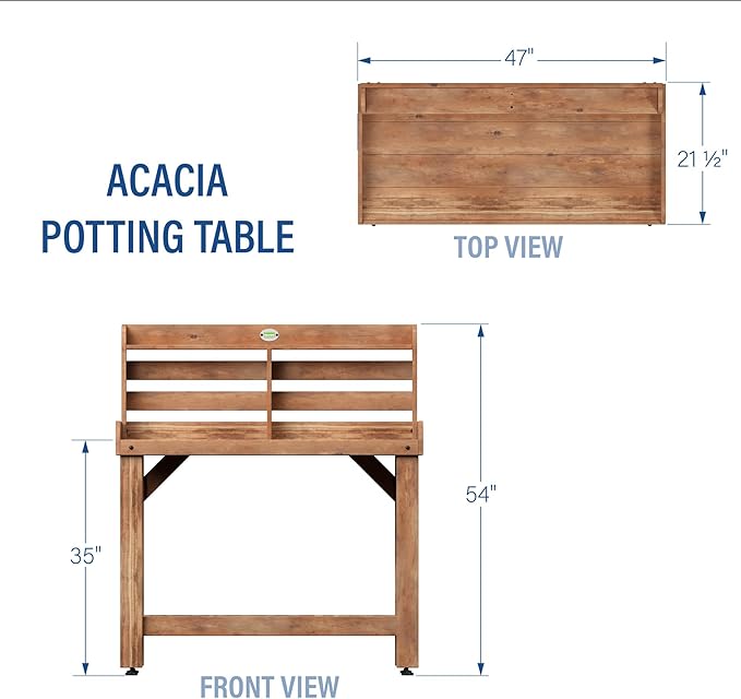 Backyard Discovery 47" Acacia Wood Garden Potting Bench & Serving Bar with Lower Storage Shelf, Leveling Feet, All-Weather Farmhouse Design for Patio, Deck, Porch, Kitchen, Dining Room