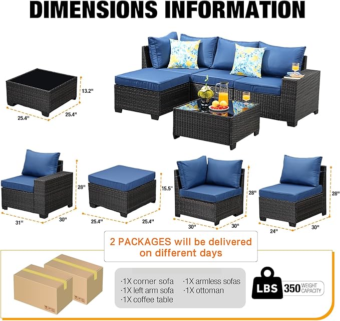 5 Pieces Patio Furniture Set All-Weather Outdoor Wicker Sectional Conversation Sofa Rattan Patio Seating Sofa with Cushion and Glass Table and Ottoman for Porch Poolside,Navy