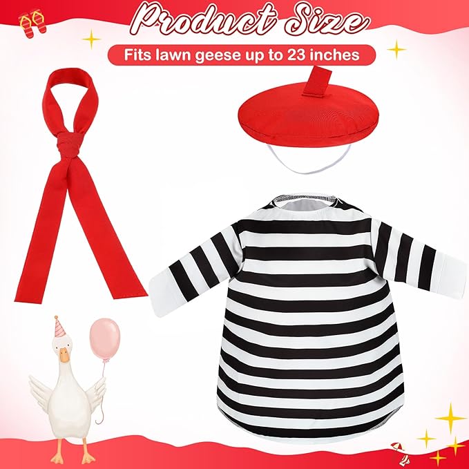 French Look Porch Goose Outfit Set for Cement Lawn Artist Hat Beret Red Scarf Black White Striped for Outdoor