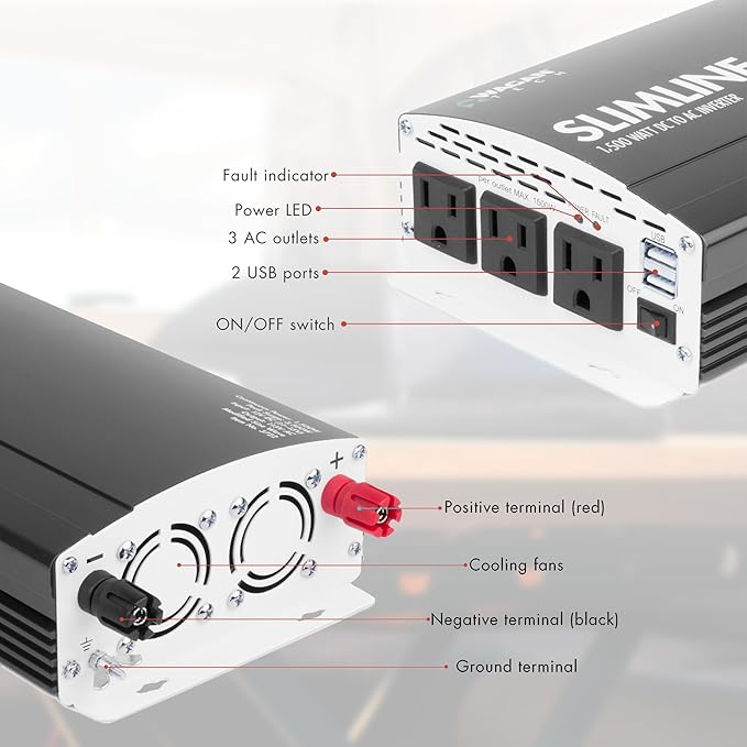 Wagan EL3722 1500W Slim Line AC to DC Power Inverter 1500W TrueRated Continuous 3000W Surge Power DC 12V to AC 110V Power Inverter with 2 AC Outlets and 2A USB Charging Port