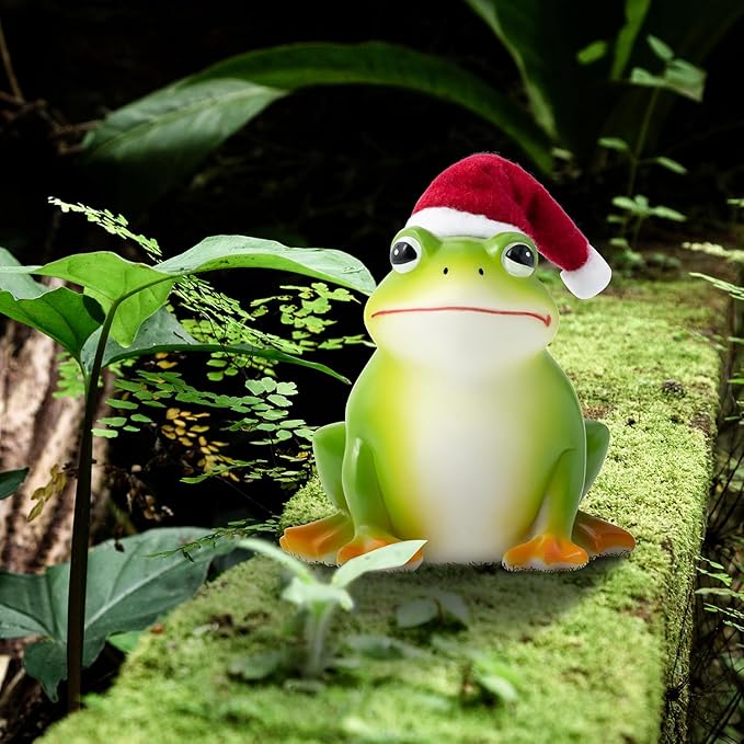 Christmas Frog Resin Statue - Christmas Frog Statue with Santa Hat for Xmas Tree Party Desk Decor Resin Figurine for Home Patio Office Decoration Cute Plant Statues for Tabletop Garden Decor